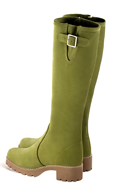 Women's pistachio green custom-made buckle knee-high boots with  and  - Profile view